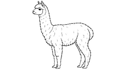 Obraz premium Line art illustration of a woolly alpaca standing in left-facing profile with shaggy fleece long neck ears and slender legs drawn in thin lines in centered composition conveying docile demeanor