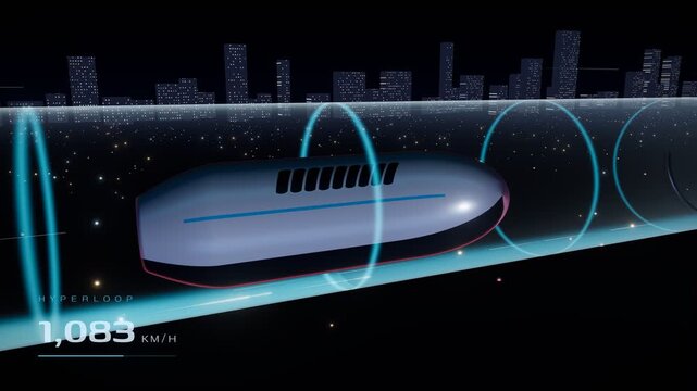 Futuristic hyperloop train accelerating through a city tunnel at night reaching high speeds