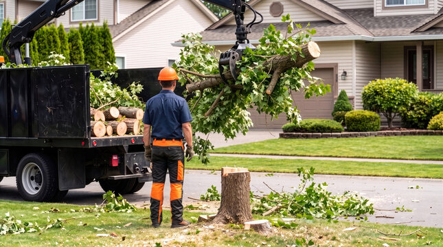 Tree removal worker loading cut branches into logging truck with crane in yard