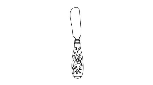 Black outline vector icon of a small butter spreader with flat blunt blade and tapered floral ceramic handle decorated with blossom and leaves in thin line art illustration in vertical composition