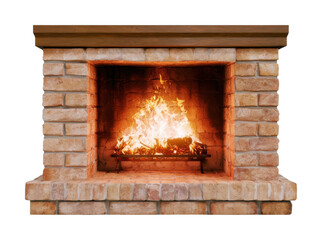 Obraz premium PNG Rustic brick fireplace with glowing fire isolated on white