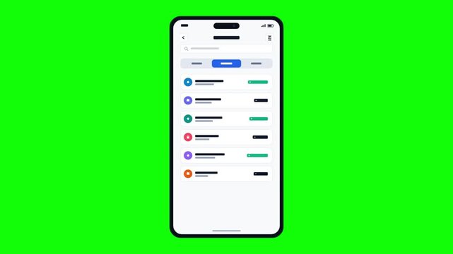 Smartphone with mobile app interface showing list of transactions on green screen background