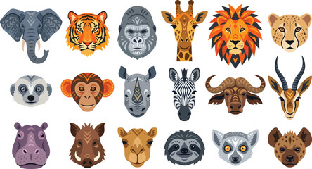 Naklejka premium Geometric african safari wild animal avatar face heads icon set isolated on a clean white background vector