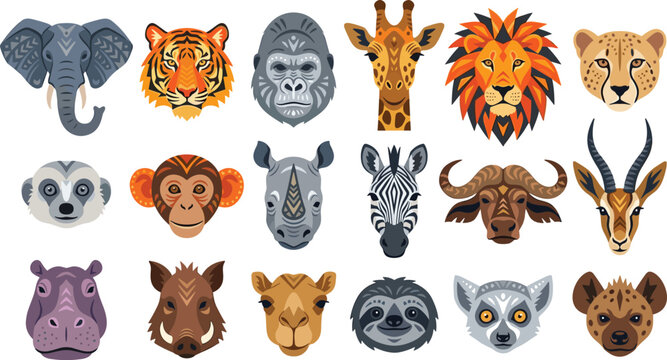 Geometric african safari wild animal avatar face heads icon set isolated on a clean white background vector