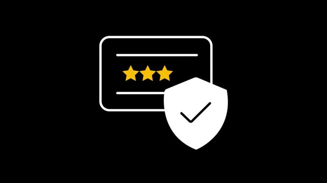 Animated Customer Feedback Rating Card Featuring Glowing Yellow Stars and Verified Security Protection Shield Checkmark Icon Loop Motion Graphic on Dark Black Background