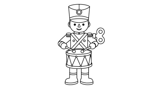 Monoline vector icon of a wind-up toy drummer in tall hat and uniform with boots, holding sticks over a tension drum with side key drawn with bold lines in upright stance capturing cheerful motion