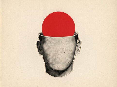 Surreal Collage Concept of an Open Human Mind with a Vibrant Red Circle