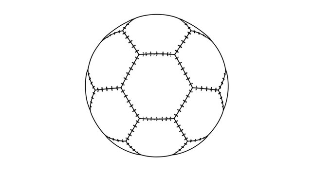Black outline vector icon of a soccer ball with central hexagon surrounded by paneled sections and stitched seams drawn with medium lines in straight-on circular composition celebrating athletic play