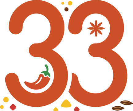 Hand-drawn orange 33rd birthday number with confetti and golden sparkle celebration illustration