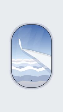 Pixel art airplane window view looking at sky, clouds and aircraft wing