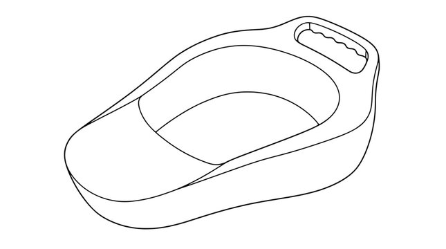 Thin line art illustration of a contoured fracture bedpan with deep basin sloped front and wavy grip handle at the rear drawn with smooth delicate outlines viewed diagonally for hygienic care purpose