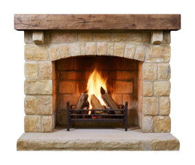 Obraz premium PNG Rustic stone fireplace with glowing fire and wooden mantel
