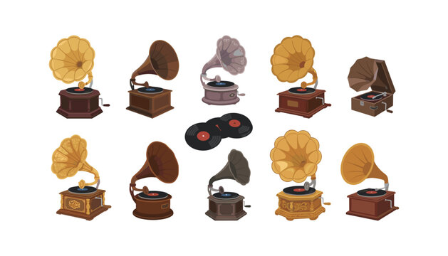Vintage gramophone vector cartoon illustration set with various retro antique record players and classic acoustic vinyl music discs