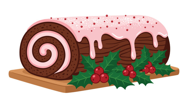 Christmas yule log cake with pink cream frosting and holly berries isolated on white background vector illustration
