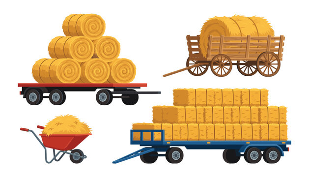 Hay bale transportation vector illustration set with agricultural trailers wooden wagon and full red wheelbarrow