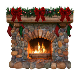 Obraz premium PNG Festive Christmas fireplace with garland, bows, stockings and fire