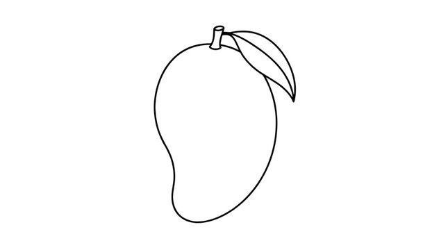 Line art illustration of a whole mango with plump curved kidney shape, short blunt stem, narrow veined leaf attached near top and thin smooth contour lines set in upright side-profile stance