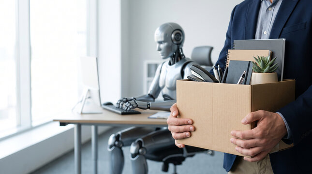 Faceless employee packing cardboard box looking at robotic artificial intelligence taking over corporate desk job