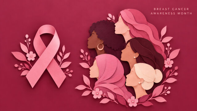 Diverse Women Paper Art Illustration With Pink Ribbon On Maroon Background For Breast Cancer Awareness Month