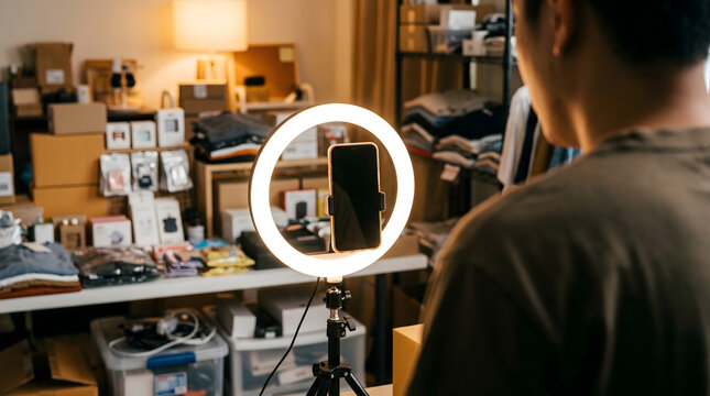 A person sets up a live streaming station with a bright ring light illuminating a smartphone mounted on a tripod, surrounded by a cluttered inventory of products on shelves.