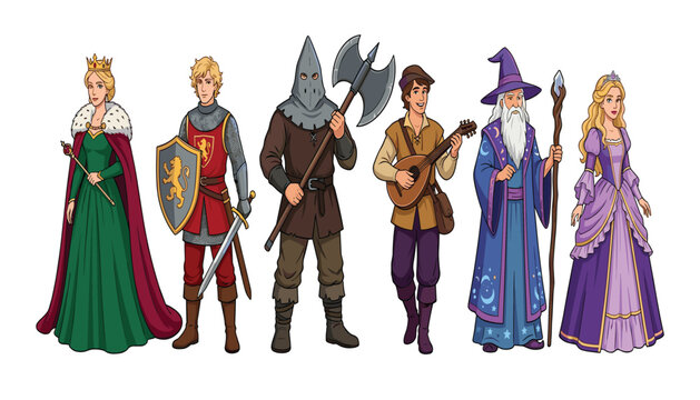 Medieval fantasy RPG character vector set featuring a majestic queen noble knight hooded executioner musical bard wise wizard and princess