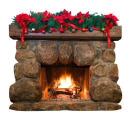 Obraz premium PNG Rustic stone fireplace with festive Christmas garland and fire