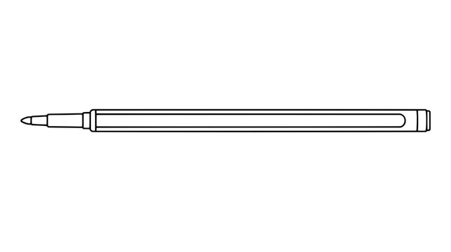 Black outline vector icon of a long horizontal fineliner pen with pointed tip, stepped grip, straight barrel and flat end cap drawn in thin monoline lines in wide lateral alignment