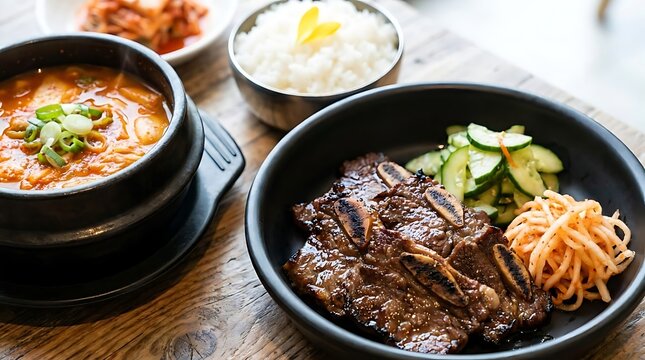 Korean galbi short ribs meal with spicy stew, white rice, kimchi, cucumber salad, and pickled radish on a wooden table
