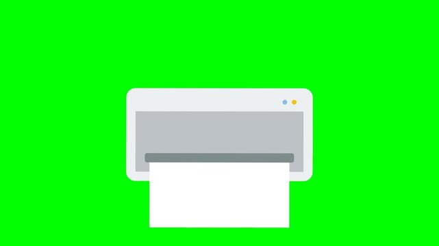 Printer printing white paper on a green screen background in a simple flat vector animation style for corporate projects and digital presentations