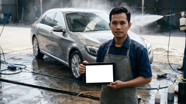 A professional auto detailing worker stands in a wet outdoor car wash, holding a rugged tablet with a blank white screen, inspecting a freshly cleaned luxury sedan under spray mist.
