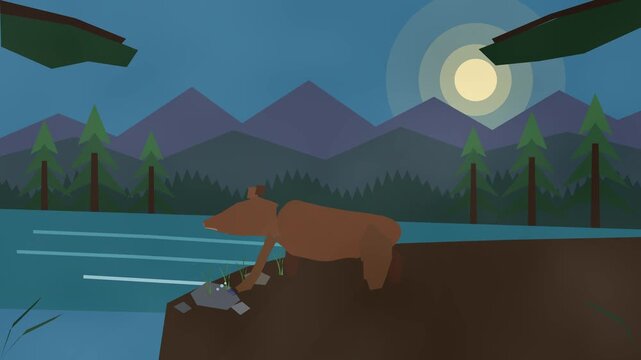 Pixel art bear drinking water in forest landscape animation background