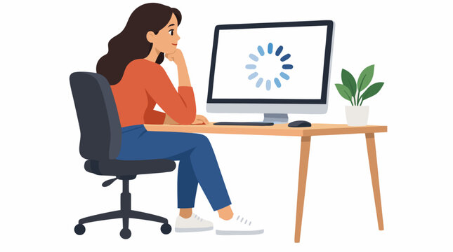 Calm young woman sitting at modern office desk patiently watching circular loading spinner buffering on desktop computer screen waiting for digital process in minimal flat vector illustration