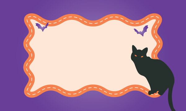 Halloween Invitation Template with Cute Black Cat and Orange Wavy Frame on Purple Background