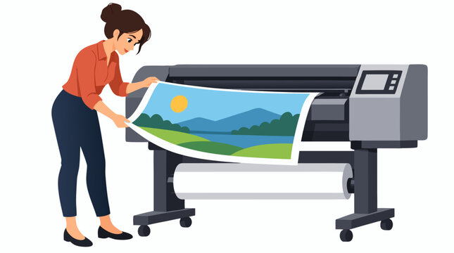 Meticulous woman in an orange shirt holds the corners of a printed poster with both hands as it emerges from a large grey plotter machine in bright modern commercial flat vector style