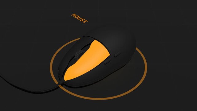 A dark isometric CAD-style 3D computer mouse clicks, scrolls and double-clicks, lighting its button orange and sending ripple rings across a technical grid floor. 8-second 4K seamless loop on a solid