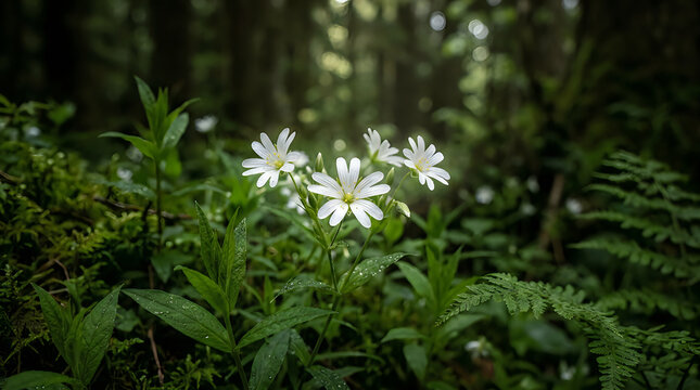 Delicate white wildflowers bloom amidst lush green foliage in a sun dappled forest