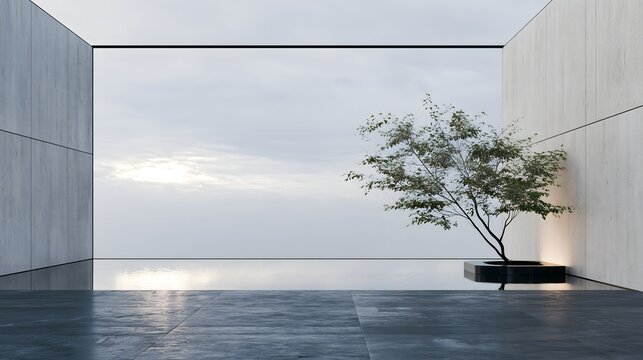 Tree in a minimalist architectural courtyard with a reflecting pool, stylish and sophisticated