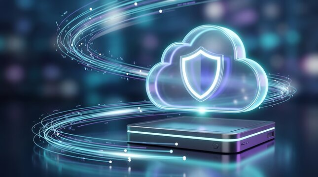 Cloud computing security concept with glowing shield icon and data stream lines over network server hardware for enterprise cybersecurity and cloud infrastructure protection visuals