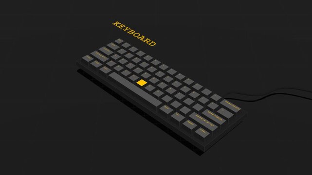 An isometric mechanical 60% keyboard with a technical CAD aesthetic, featuring procedurally generated keycaps, animated key presses across a full layout, subtle floating motion, and seamless looping.
