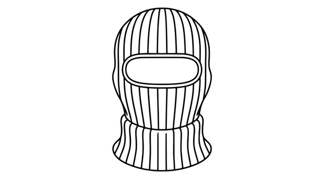 Black outline vector icon of a ribbed knit balaclava mask with elongated eye opening and gathered turtleneck collar drawn with medium vertical linework in frontal view emphasizing snug winter coverage