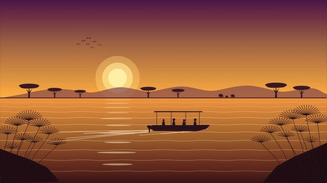 Pixel art boat sailing on river at sunset with African savanna landscape