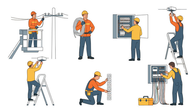 Professional electrician characters set working on power maintenance electrical repair installation wiring and fixing industrial switchboard panels