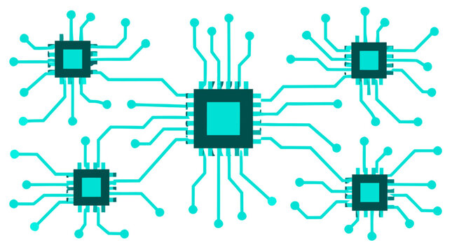 Abstract printed circuit board pattern with bright teal digital conductive tracks connecting five square microchip processors in this modern semiconductor hardware vector illustration