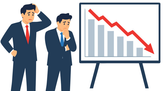 Two worried businessmen in suits looking concerned at a presentation board showing a declining bar chart with red downward arrow symbolizing falling profits and business failure