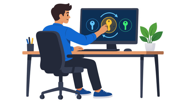 Male programmer rotating glowing security keys on interactive digital dashboard with circular arrows in modern flat vector illustration for cybersecurity data encryption and access management