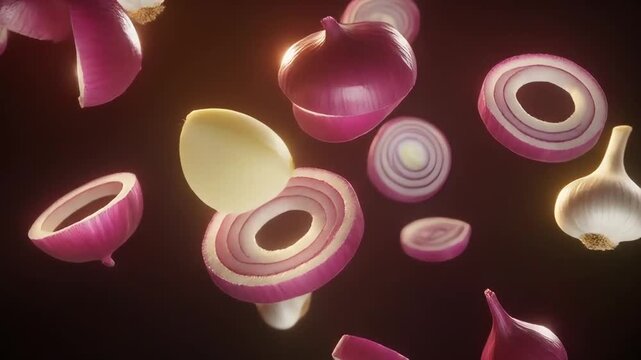 Macro video of red onion slices and whole garlic bulbs suspended in air, drifting slowly as if weightless