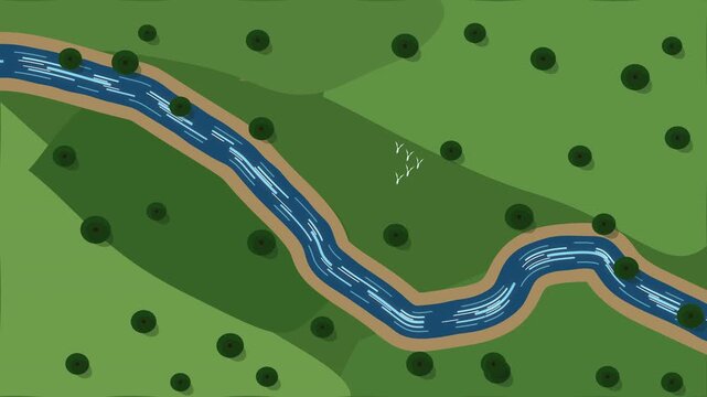 Pixel art landscape animation featuring winding river flowing through green meadows and trees, retro video game background footage