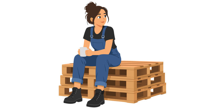 Young woman in blue denim overalls and black boots enjoying a quiet coffee break sitting on a stack of wooden pallets, flat vector illustration of a relaxed female worker resting during workday