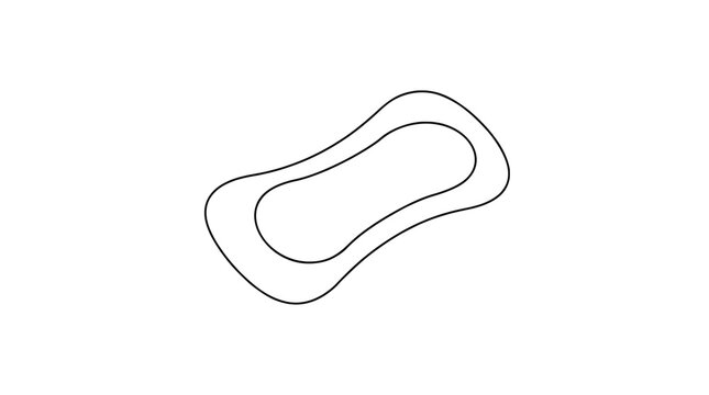 Minimalist outline illustration of a curved sanitary liner pad shown with double inner and outer contours forming a waisted shape, rendered with thin black lines in diagonal centered layout