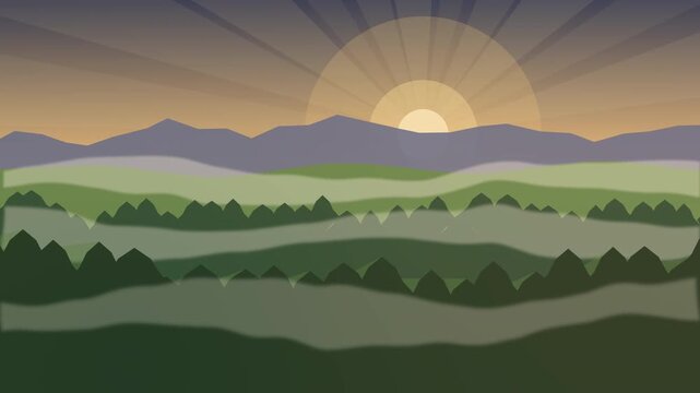 Pixel art landscape animation with sunrise, mountain range, forest, mist